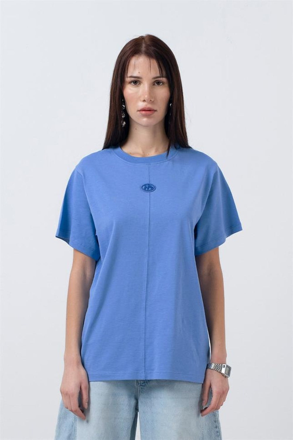 Kadın Mavi Loose Fit Sırt Baskılı T-Shirt