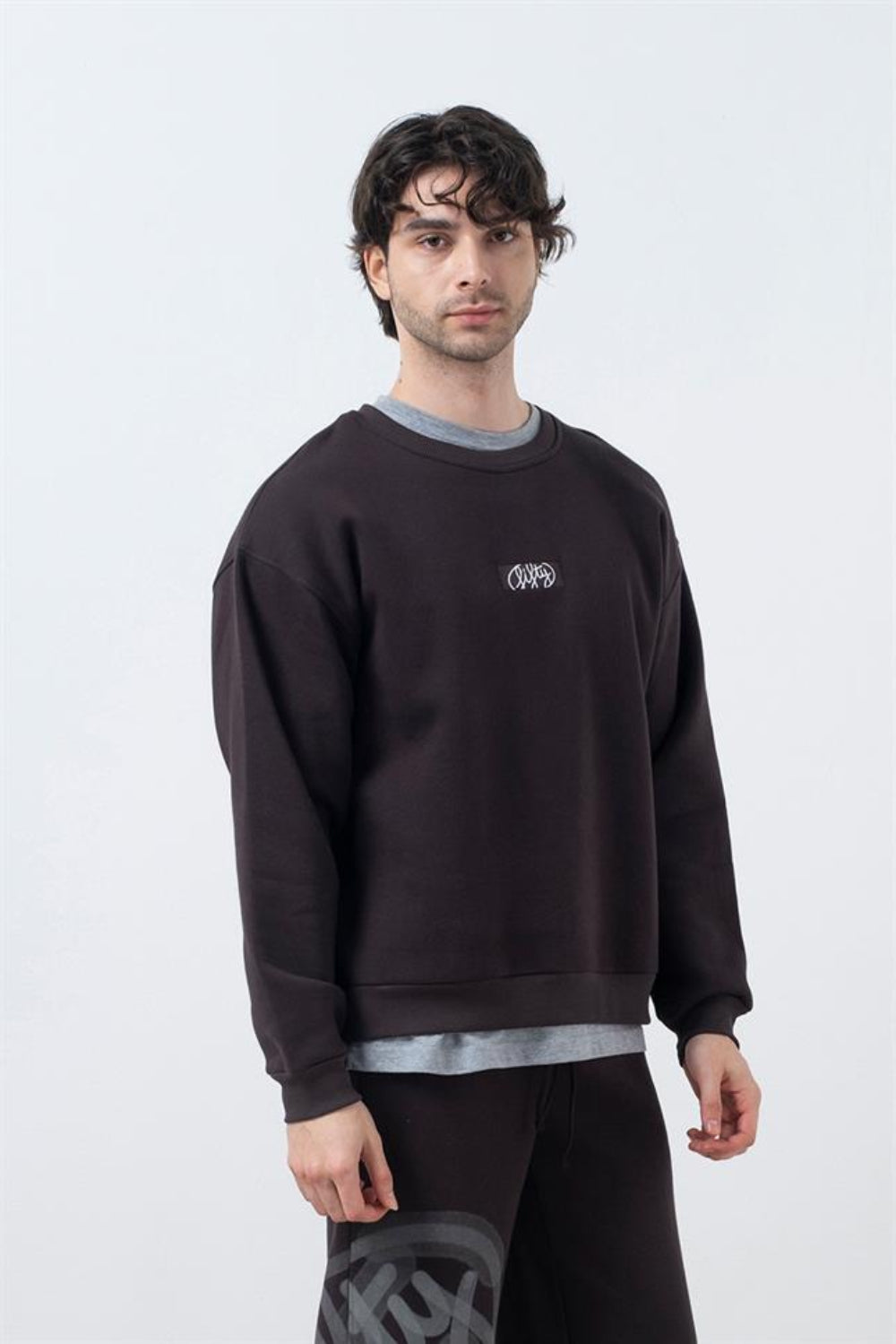 Fifty Pieces-Kahverengi Düşük Omuzlu Sırt Baskılı Sweatshirt-Sweatshirts & Hoodies-1-Milagron.com
