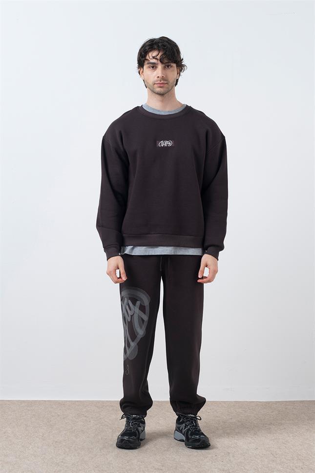 Fifty Pieces-Kahverengi Düşük Omuzlu Sırt Baskılı Sweatshirt-Sweatshirts & Hoodies-3-Milagron.com