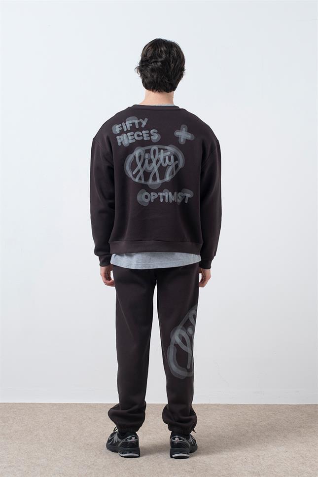 Fifty Pieces-Kahverengi Düşük Omuzlu Sırt Baskılı Sweatshirt-Sweatshirts & Hoodies-4-Milagron.com