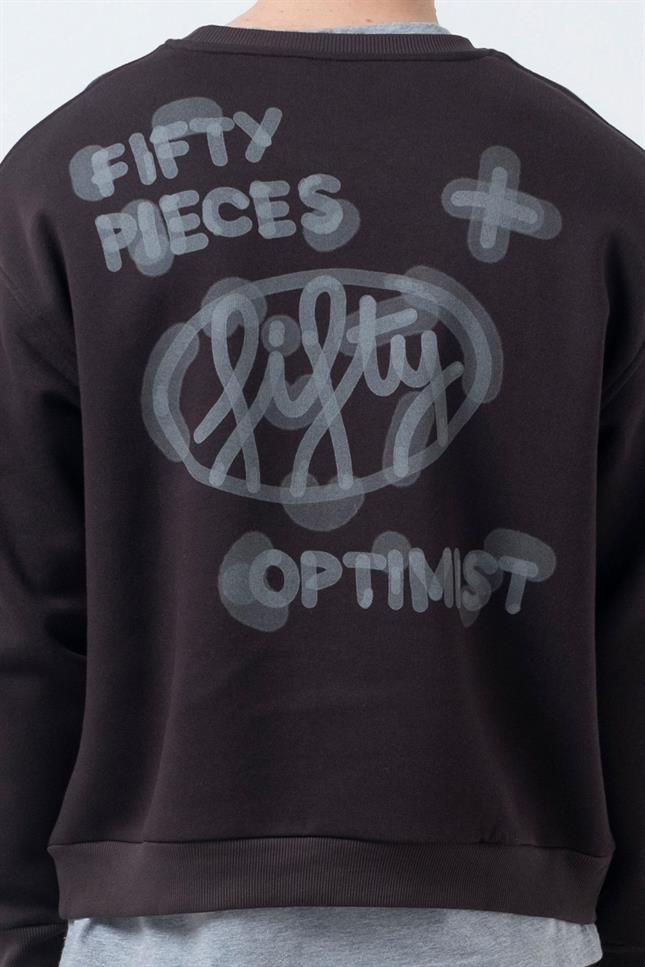 Fifty Pieces-Kahverengi Düşük Omuzlu Sırt Baskılı Sweatshirt-Sweatshirts & Hoodies-6-Milagron.com