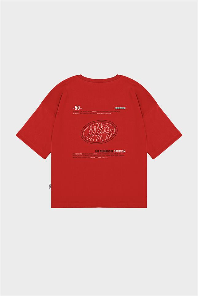 Fifty Pieces-Kırmızı Düşük Omuzlu Sırt Baskılı T-Shirt-T-Shirts-9-Milagron.com
