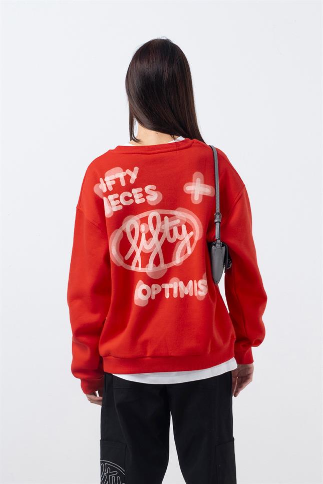 Fifty Pieces-Kırmızı Oversize Sırt Baskılı Sweatshirt-Sweatshirts & Hoodies-4-Milagron.com