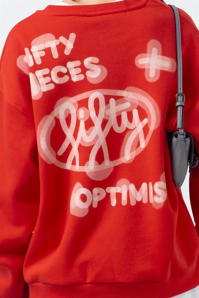 Fifty Pieces-Kırmızı Oversize Sırt Baskılı Sweatshirt-Sweatshirts & Hoodies-5-Milagron.com