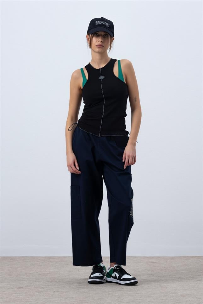 Fifty Pieces-Siyah Core Kontrast Dikişli Halter Yaka Atlet-Top-5-Milagron.com