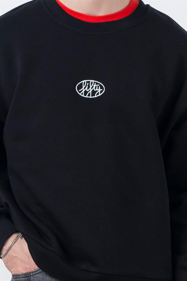 Fifty Pieces-Siyah Düşük Omuzlu Sırt Baskılı Sweatshirt-Sweatshirts & Hoodies-10-Milagron.com