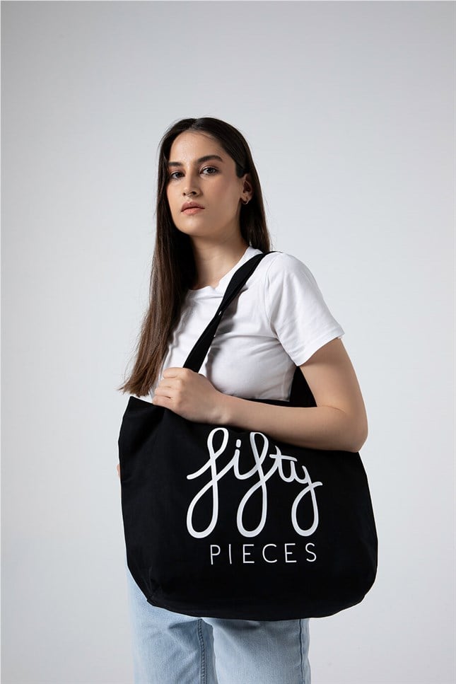 Fifty Pieces-Siyah Fifty Pieces Tote Bez Çanta-Bez Çanta-2-Milagron.com
