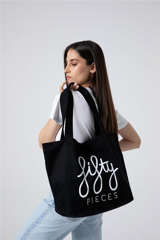 Fifty Pieces-Siyah Fifty Pieces Tote Bez Çanta-Bez Çanta-4-Milagron.com
