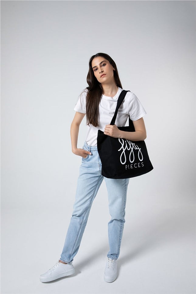 Fifty Pieces-Siyah Fifty Pieces Tote Bez Çanta-Bez Çanta-5-Milagron.com