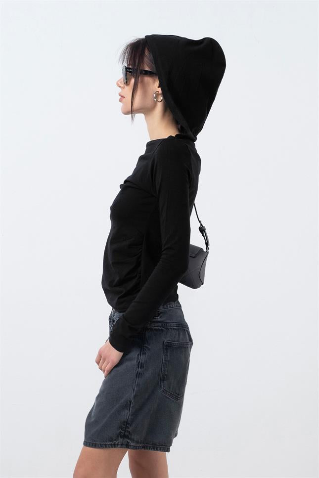 Fifty Pieces-Siyah Kapüşonlu Uzun Kollu Bluz-T-Shirts-3-Milagron.com