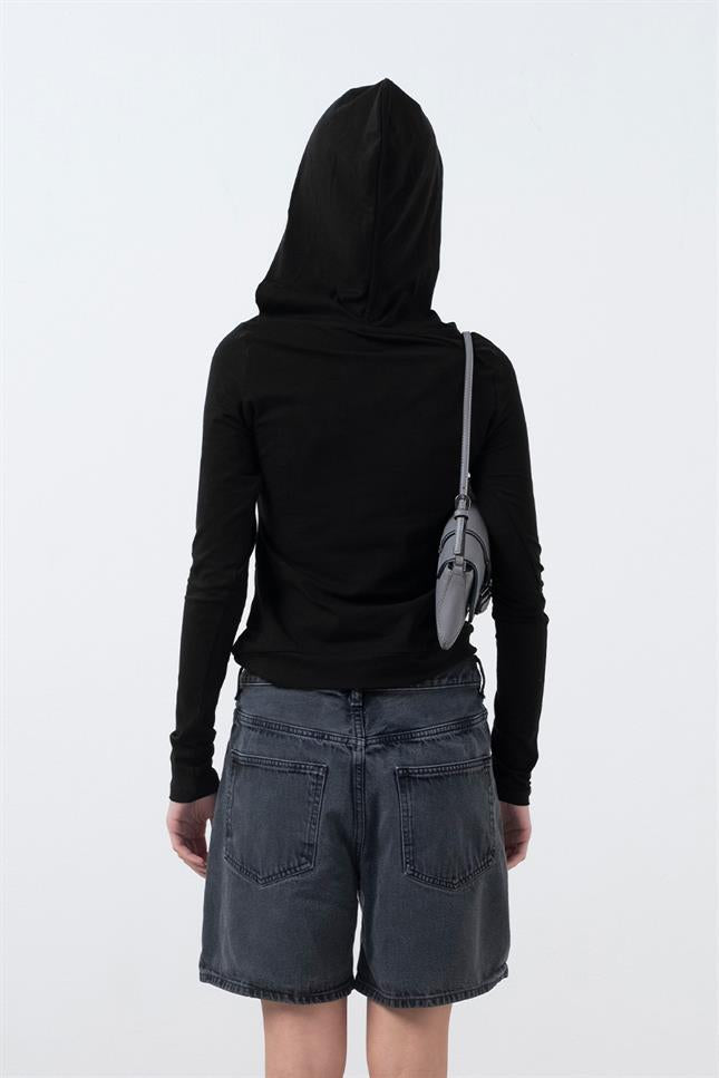 Fifty Pieces-Siyah Kapüşonlu Uzun Kollu Bluz-T-Shirts-4-Milagron.com