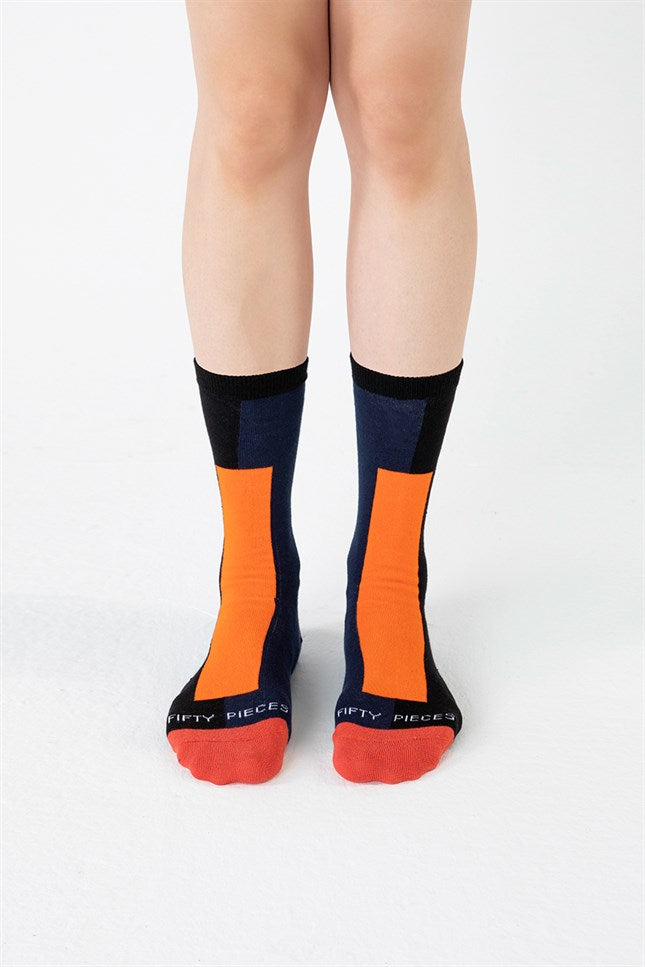 Fifty Pieces-Turuncu Lacivert Kontrast Şeritli Çorap-Çorap-6-Milagron.com