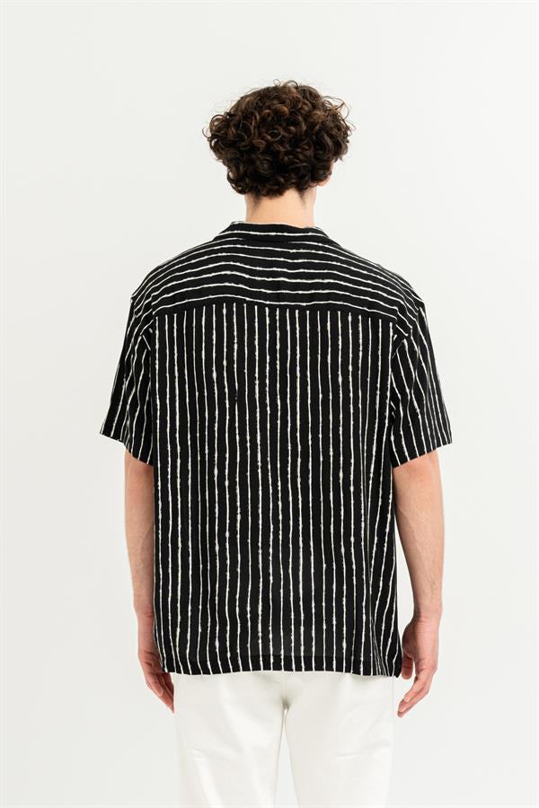 GMG Firenze-Apaj Yaka %100 Viscon Kısa Kol çizgili Erkek Gömlek-Summer'25-11-Milagron.com