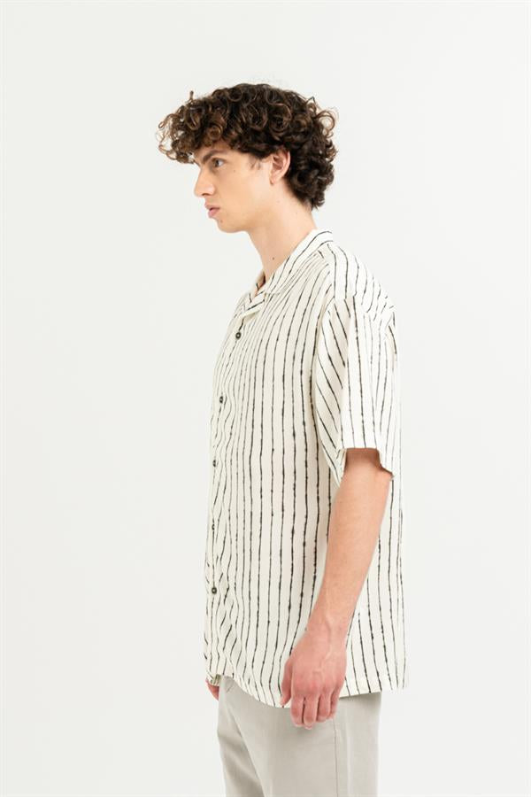 GMG Firenze-Apaj Yaka %100 Viscon Kısa Kol çizgili Erkek Gömlek-Summer'25-4-Milagron.com