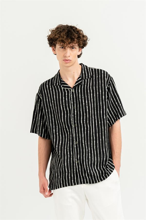 GMG Firenze-Apaj Yaka %100 Viscon Kısa Kol çizgili Erkek Gömlek-Summer'25-7-Milagron.com