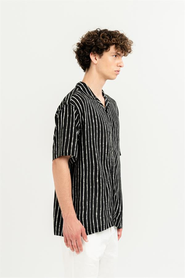 GMG Firenze-Apaj Yaka %100 Viscon Kısa Kol çizgili Erkek Gömlek-Summer'25-9-Milagron.com