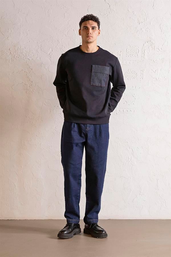 GMG Firenze-Bisiklet Yaka Denim Cepli Erkek Sweatshirt-SWEATSHIRT-1-Milagron.com