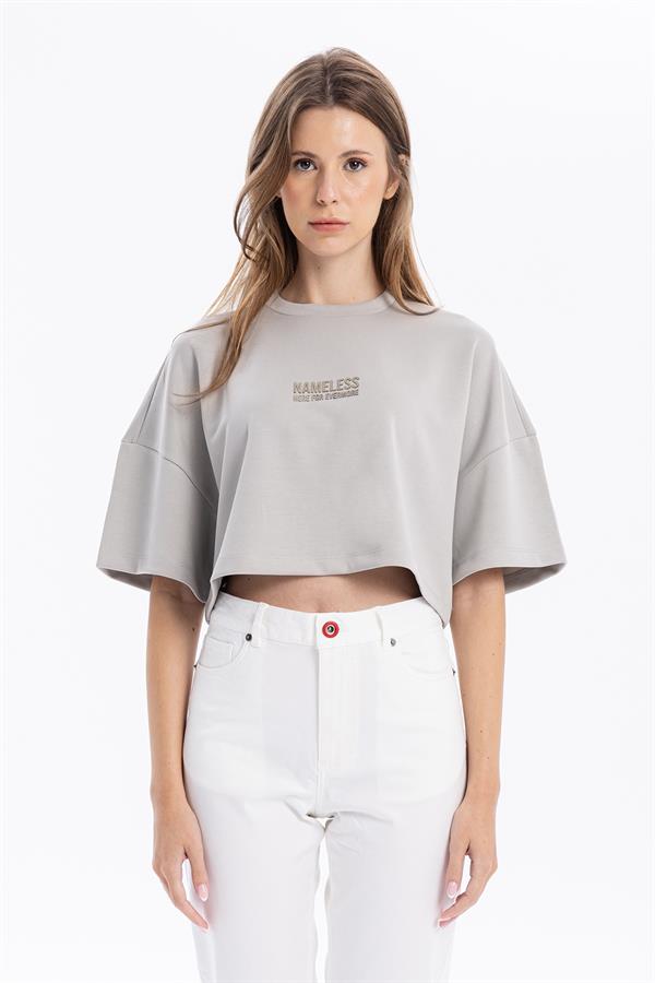 Bisiklet Yaka Ön Flexi Baskılı Kadın Crop