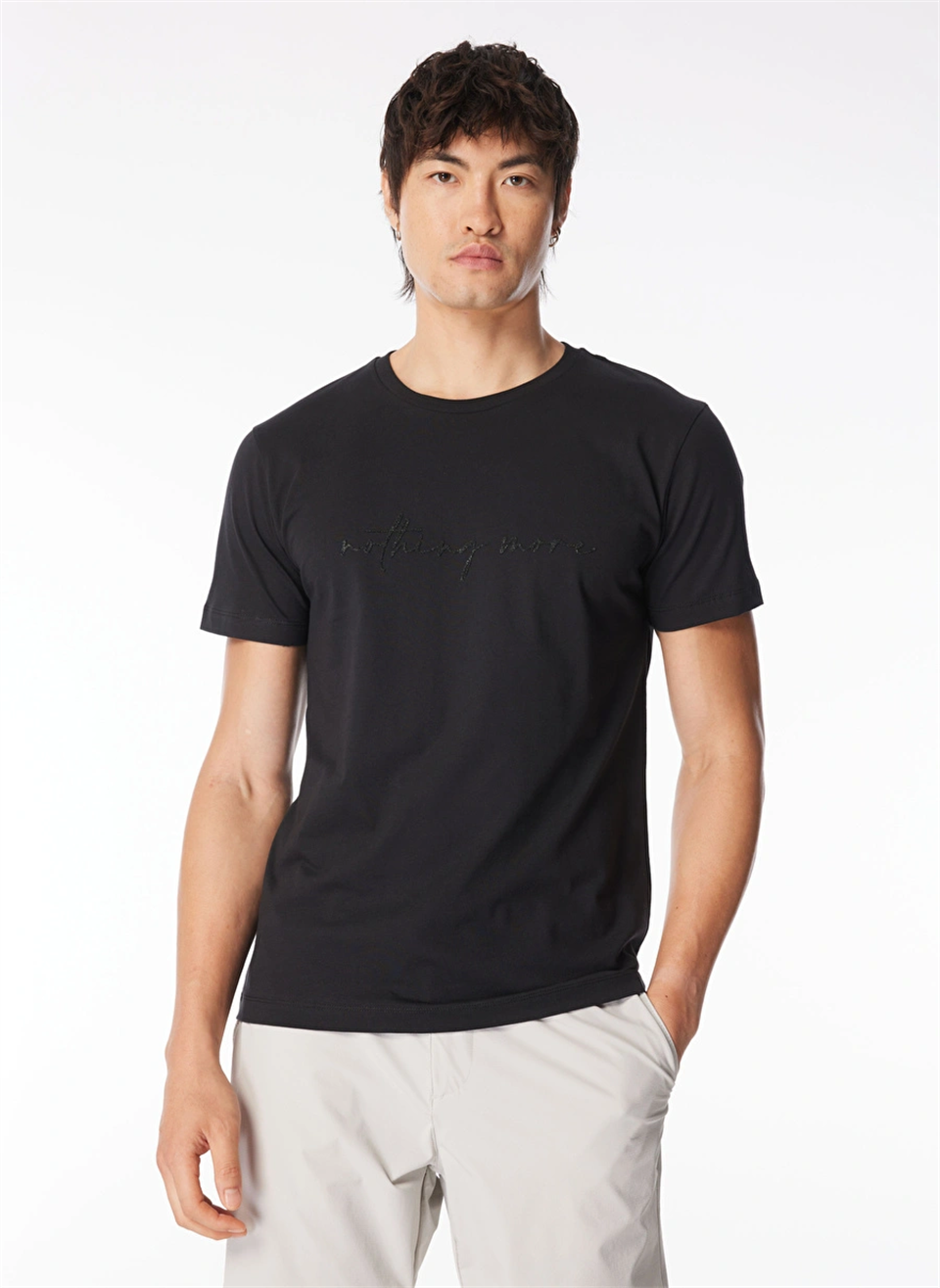 Bisiklet Yaka Önü Taşlı Yazılı %100 Pamuk Slim Fit Erkek T-Shirt