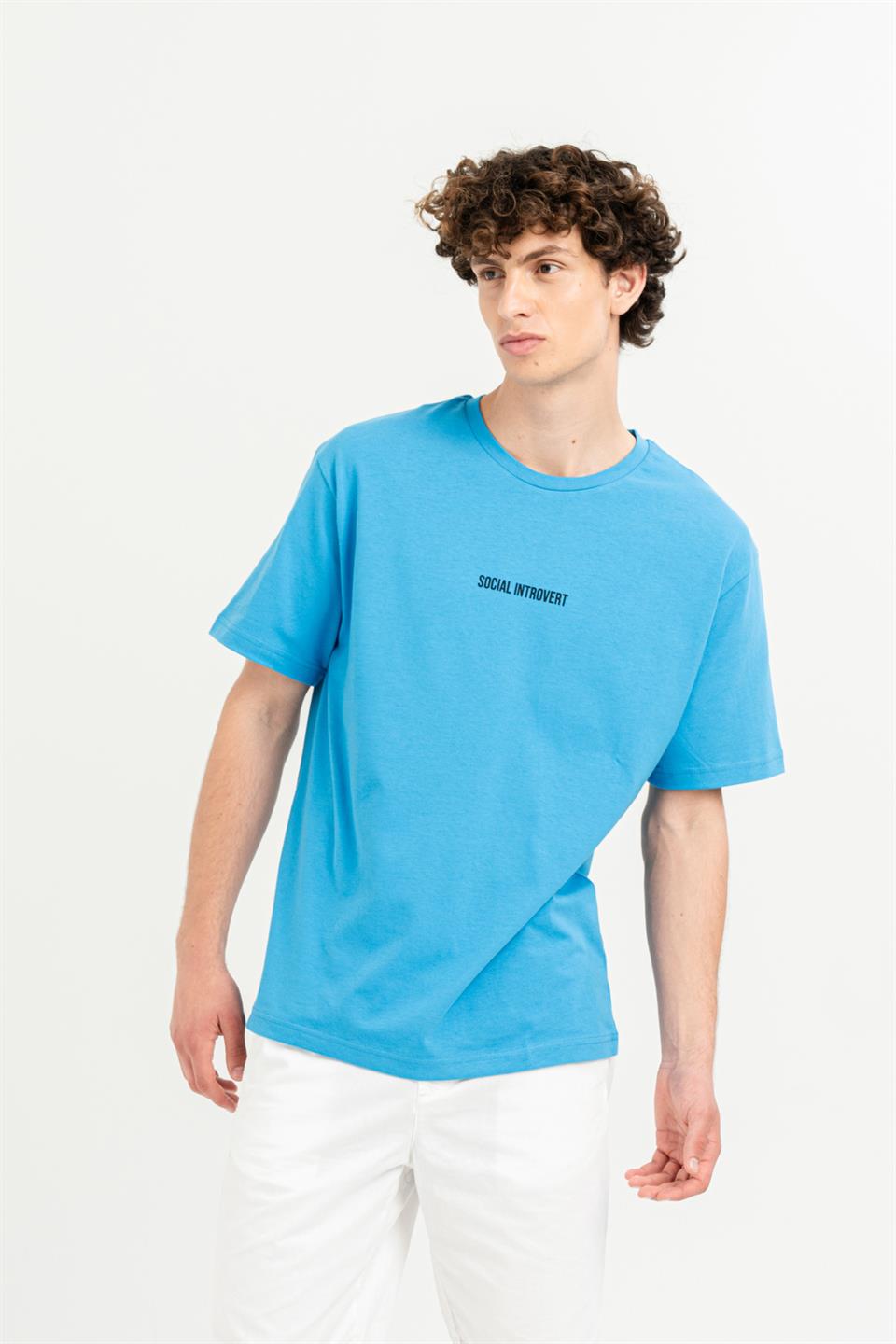 Bisiklet Yaka Sırtı Baskılı %100 Pamuk Oversize Erkek T-Shirt