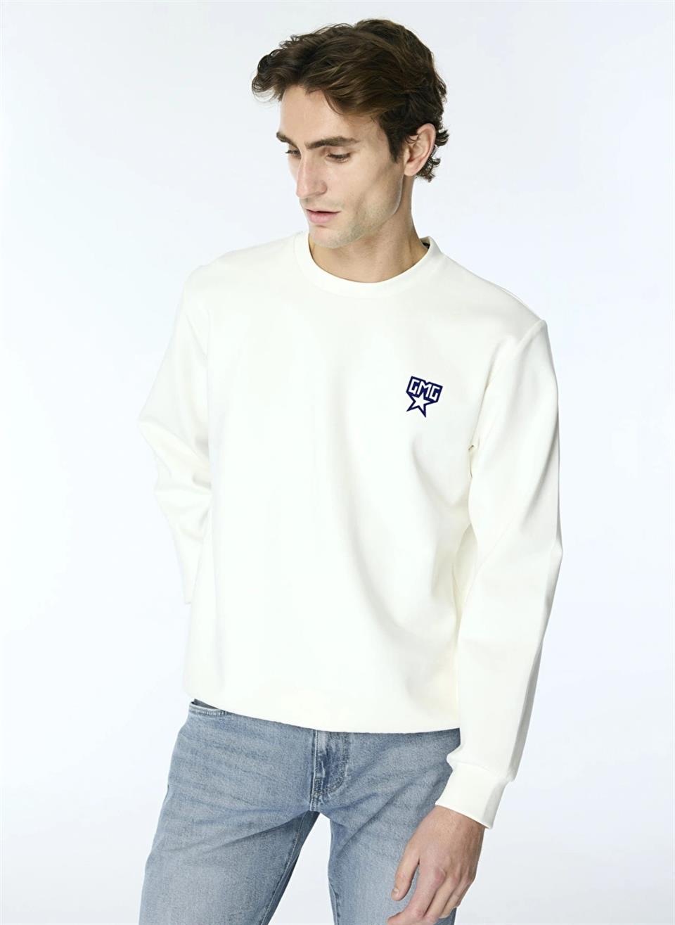 Bisiklet Yaka Sırtı Flok Göğsü Yıldız Baskılı Erkek Sweatshirt