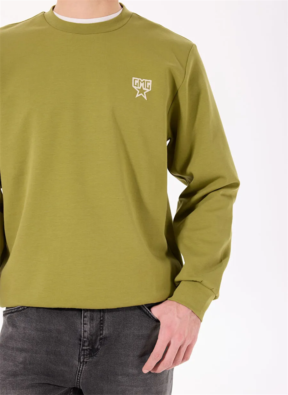 Bisiklet Yaka Sırtı Flok Göğsü Yıldız Baskılı Erkek Sweatshirt