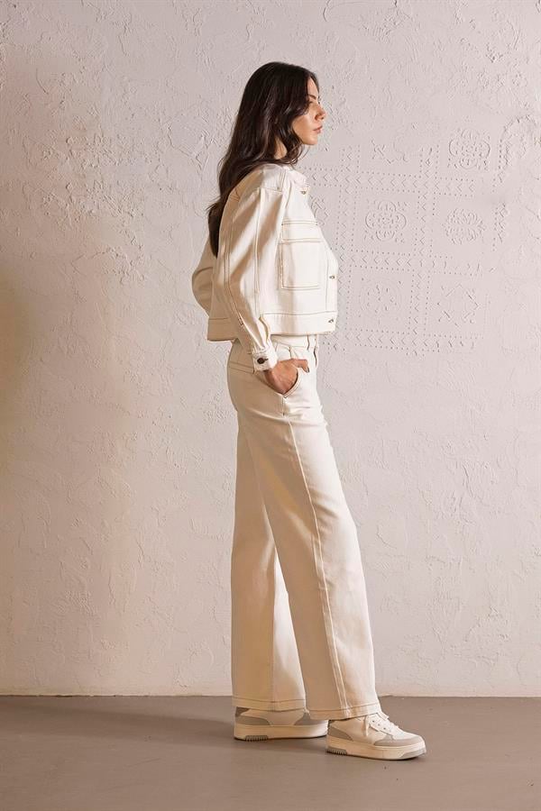 GMG Firenze-Gömlek Yaka Cepli Ekru Denim Kadın Ceket-DENİM CEKET-2-Milagron.com