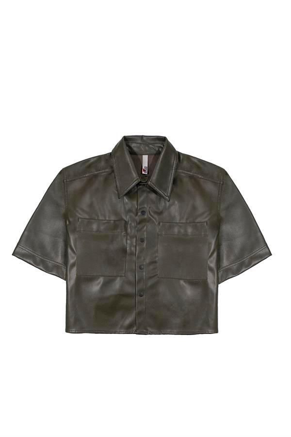 GMG Firenze-Kısa Kollu Cepli %100 Deri Kadın Gömlek-Gömlek-1-Milagron.com