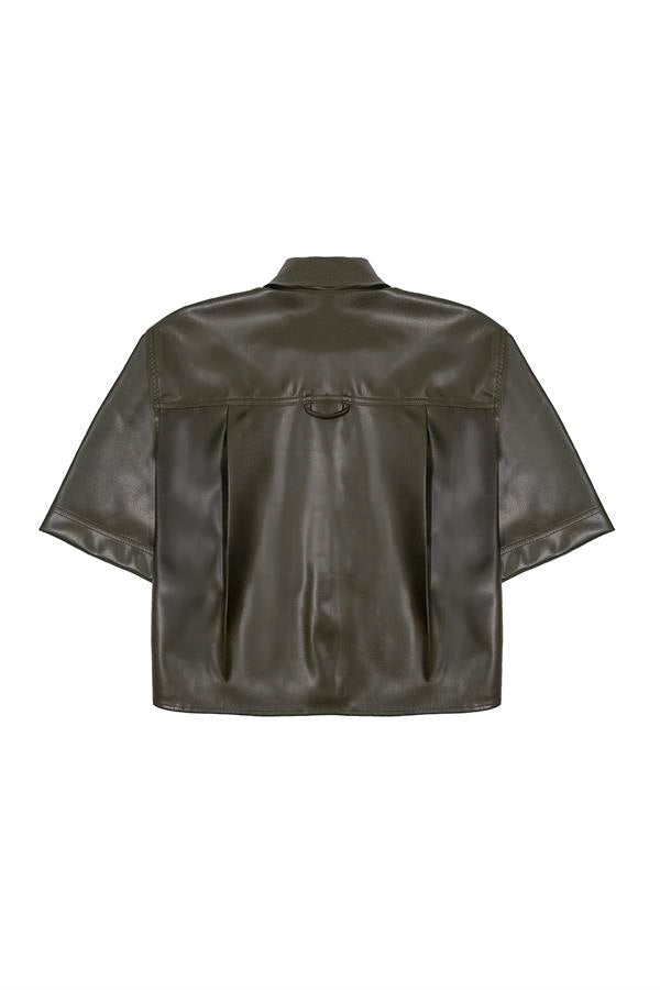 GMG Firenze-Kısa Kollu Cepli %100 Deri Kadın Gömlek-Gömlek-3-Milagron.com