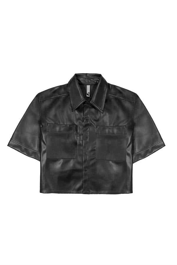 GMG Firenze-Kısa Kollu Cepli %100 Deri Kadın Gömlek-Gömlek-4-Milagron.com