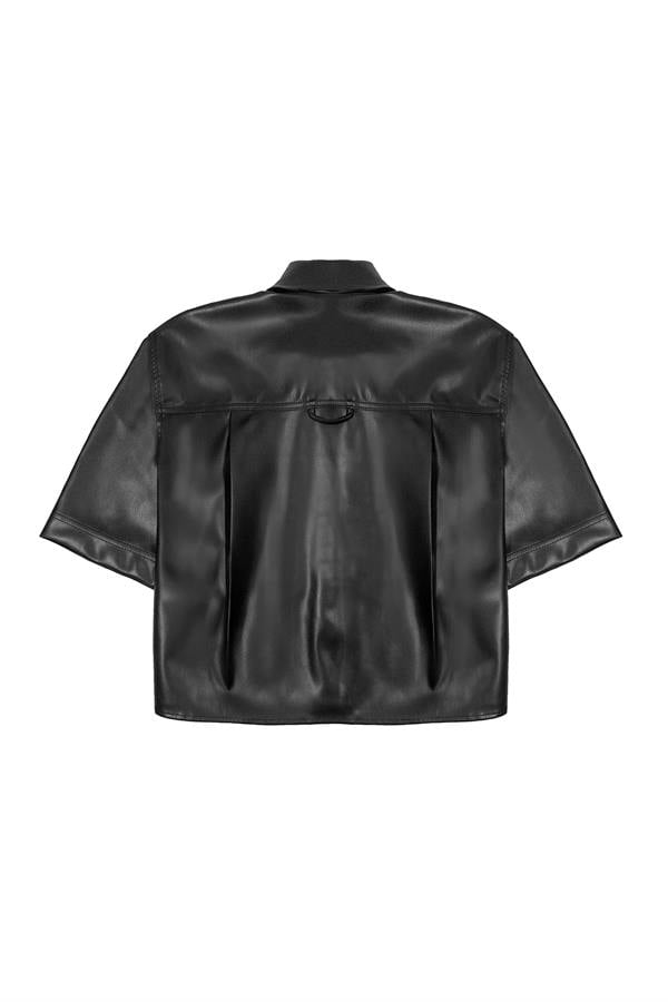 GMG Firenze-Kısa Kollu Cepli %100 Deri Kadın Gömlek-Gömlek-6-Milagron.com