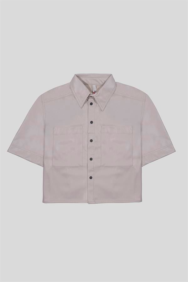 GMG Firenze-Kısa Kollu Cepli %100 Deri Kadın Gömlek-Gömlek-7-Milagron.com