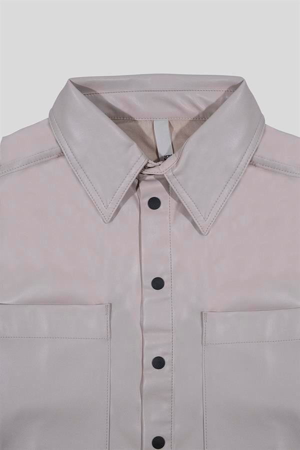 GMG Firenze-Kısa Kollu Cepli %100 Deri Kadın Gömlek-Gömlek-8-Milagron.com