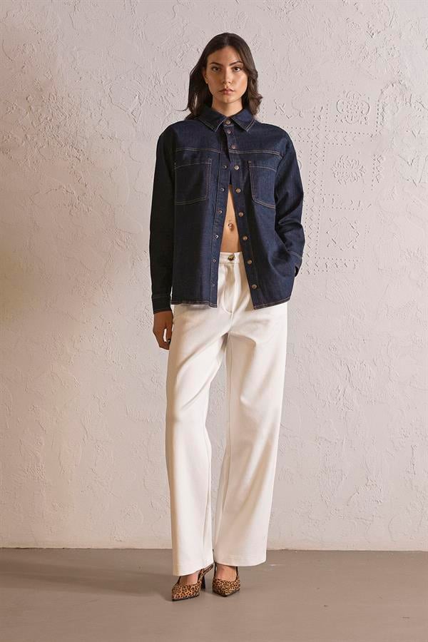 GMG Firenze-Oversize Çıtçıtlı Denim Kadın Gömlek-DENİM GÖMLEK-3-Milagron.com