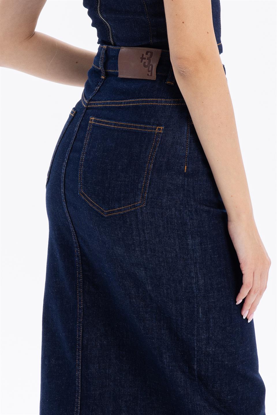 Yüksek Bel Cepli Yırtmaçlı Kadın Denim Etek