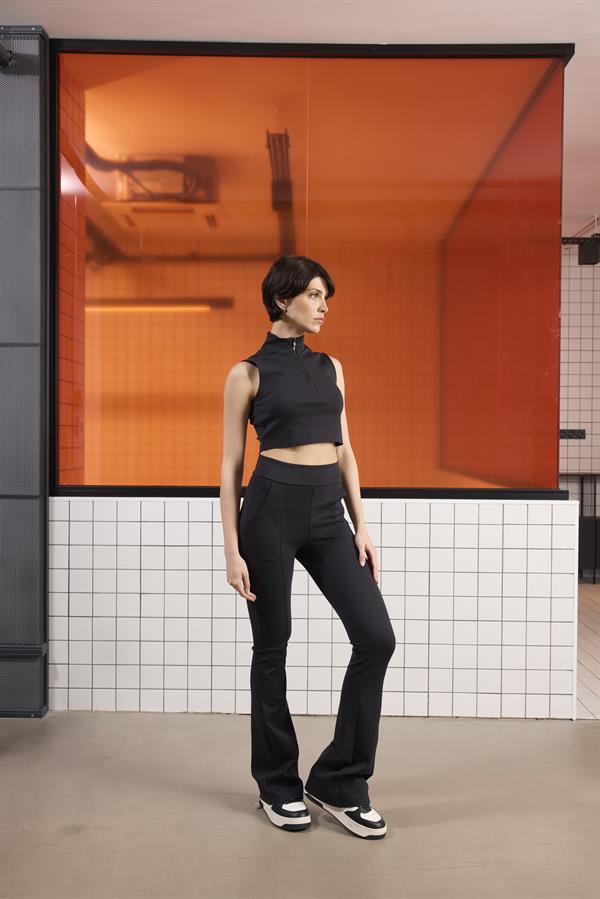 GMG Firenze-Yüksek Bel İspanyol Paçası Fermuarlı örme Kadın Tayt Pantolon-Activewear-2-Milagron.com