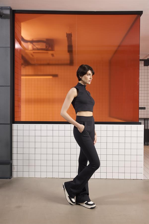 GMG Firenze-Yüksek Bel İspanyol Paçası Fermuarlı örme Kadın Tayt Pantolon-Activewear-3-Milagron.com