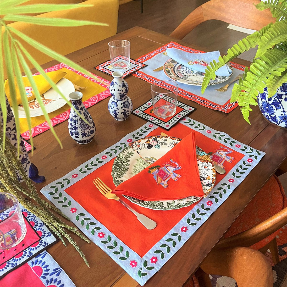 Dekoratif Fil Desenli Turuncu Keten Servis Peçetesi ( 1 Adet )