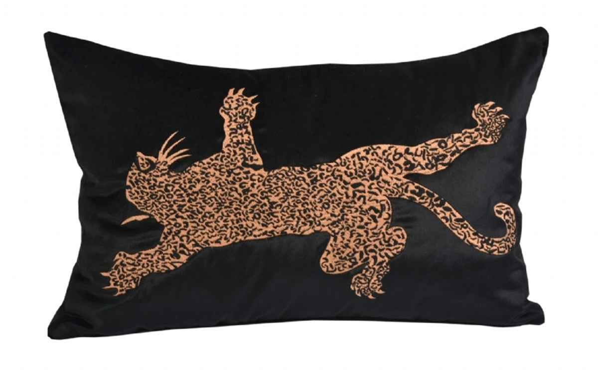 Dekoratif Leopar Desenli Siyah Kadife Kırlent Kılıfı 40 x 60 cm