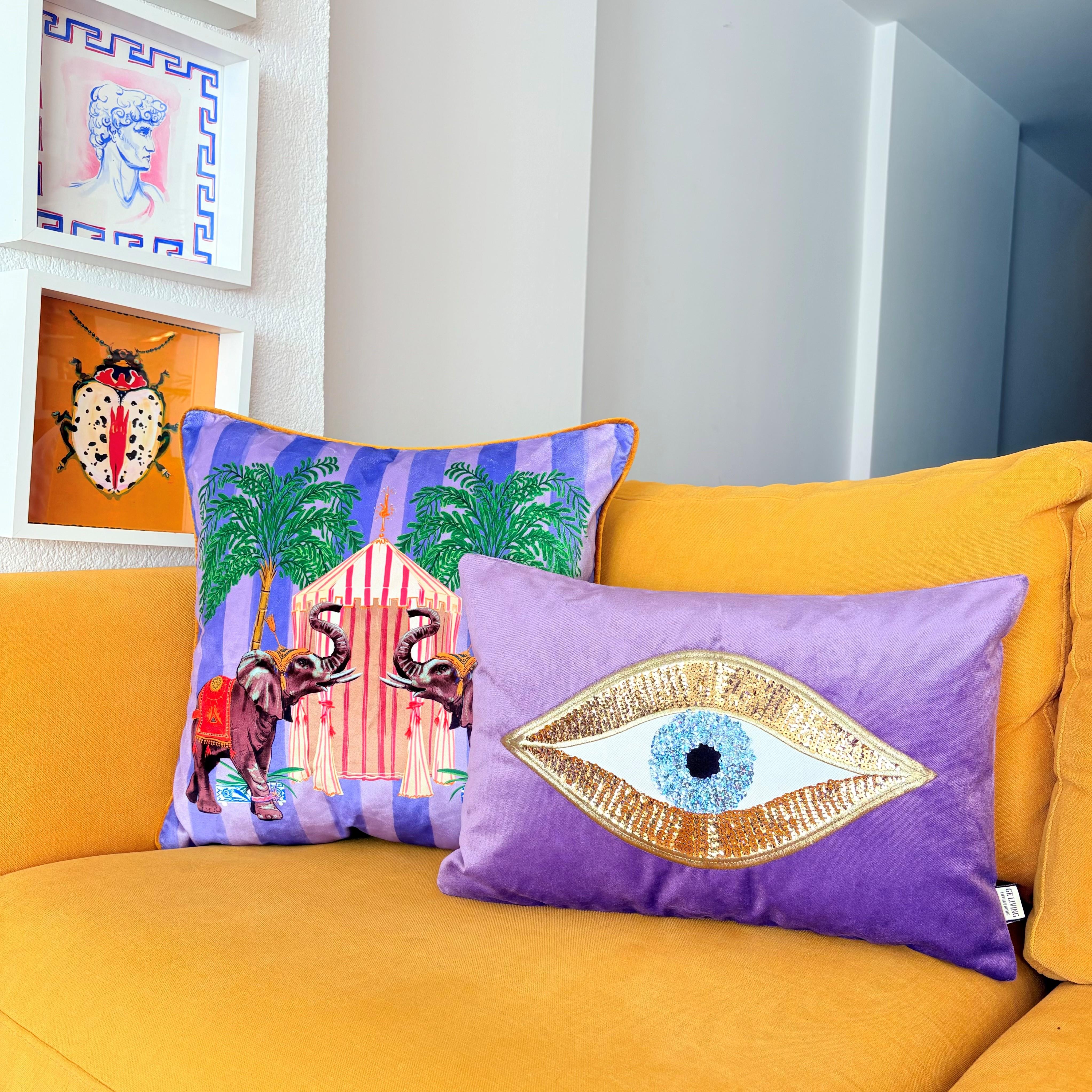 Dekoratif Pullu Göz Desenli Mor Kadife Kırlent Kılıfı ( 35 cm x 50 cm )