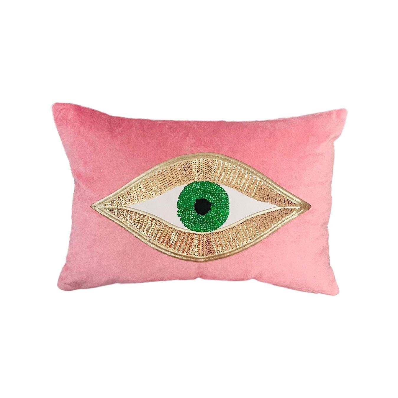 Dekoratif Yeşil Pullu Göz Desenli Pembe Kadife Kırlent Kılıfı ( 35 cm x 50 cm )