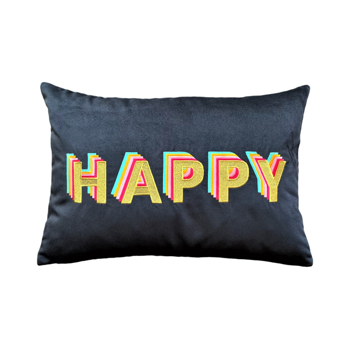Happy Desenli Lacivert Kadife Dekoratif Kırlent Kılıfı