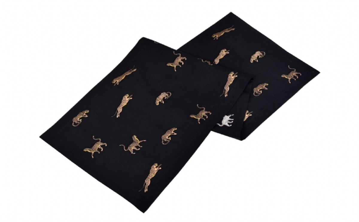 Leopar Desenli Dekoratif Siyah Keten Runner - 40 cm 120 cm