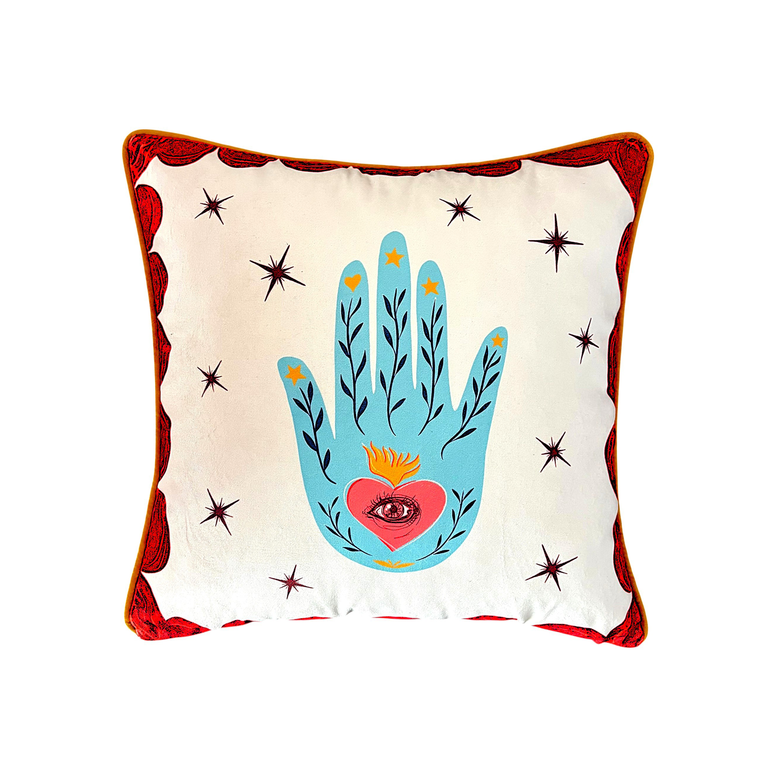 Mistik El ve Göz Desenli Kadife Yastık Kılıfı – 50x50 cm – Boho Dekoratif Kırlent Kılıfı
