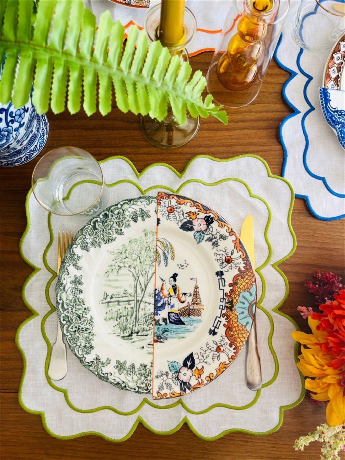 Victorian Çift Sargı Yeşil Nakışlı Amerikan Servis
