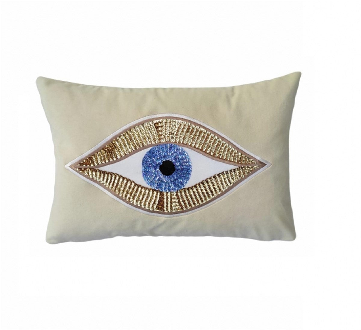 Dekoratif krem Kadife Kırlent Kılıfı - Göz Desenli Yastık Kılıfı 35 cm x 50 cm