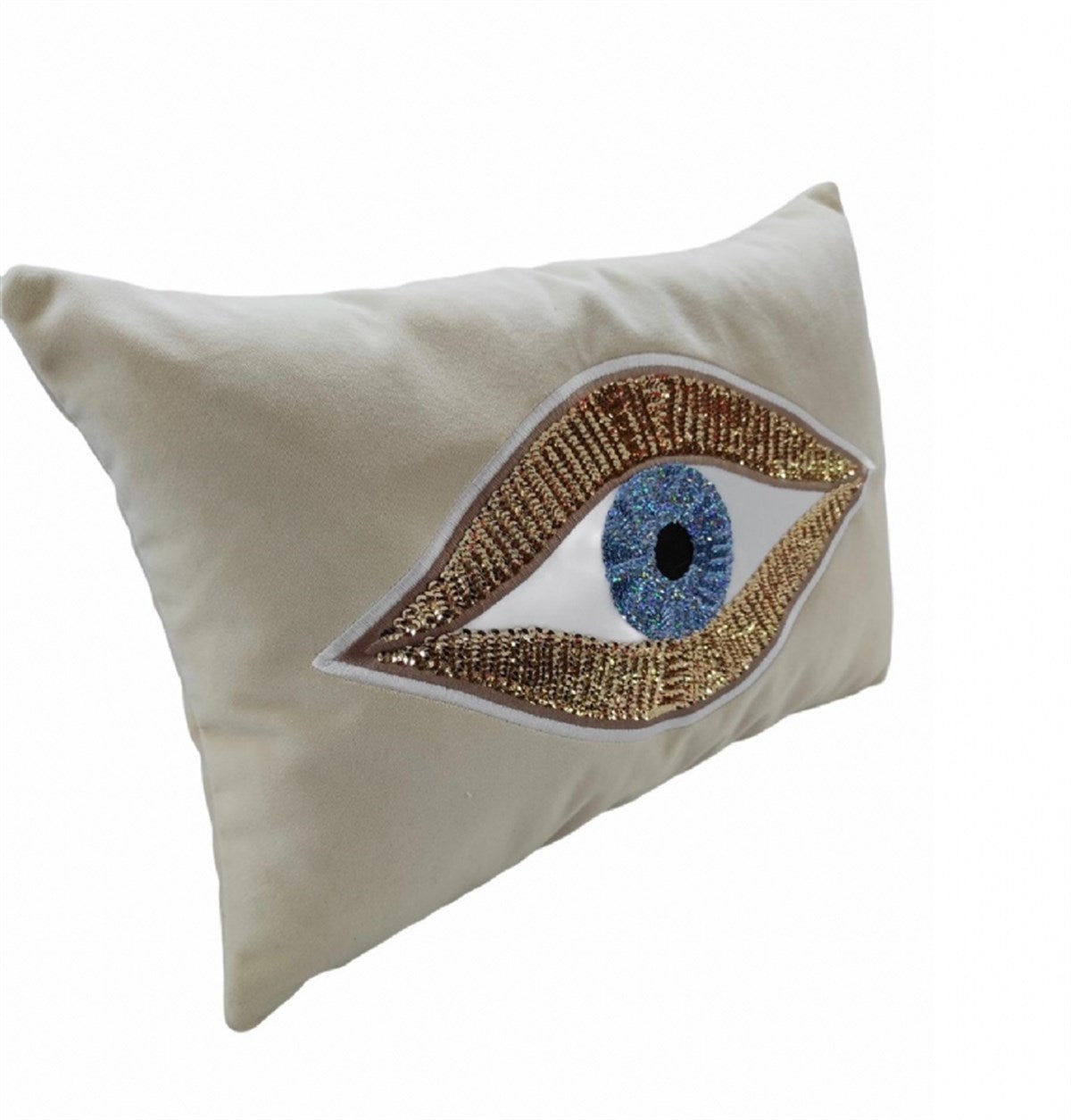 Dekoratif krem Kadife Kırlent Kılıfı - Göz Desenli Yastık Kılıfı 35 cm x 50 cm