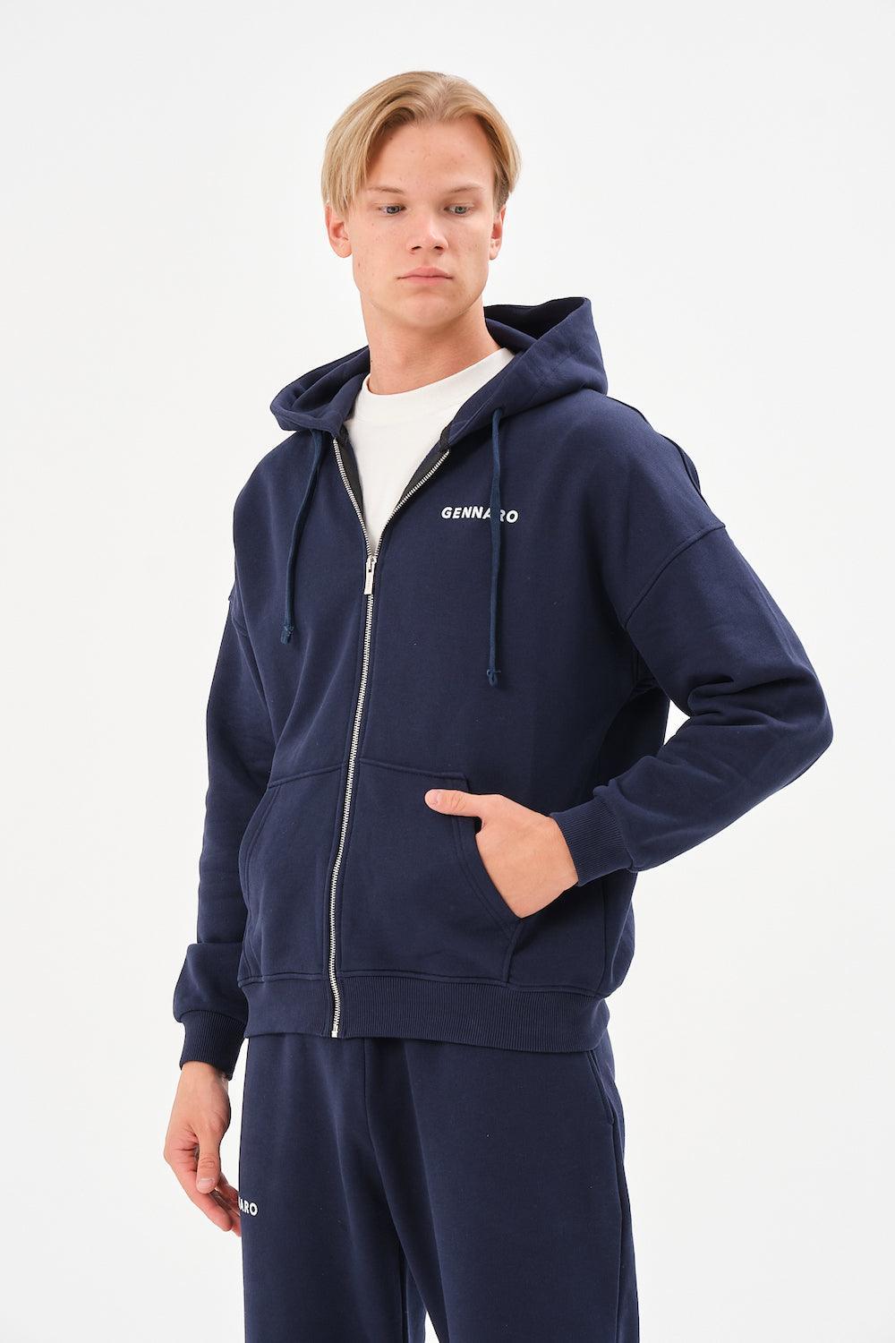 Gennaro-Oversize Zip Hoodie - Lacivert-Sweatshirts & Hoodies-1-Milagron.com