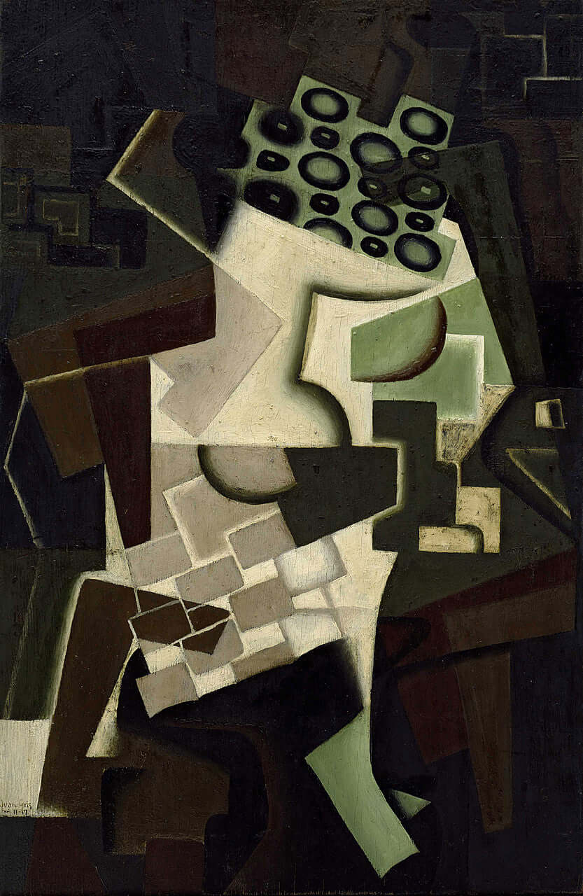 Juan Gris - Kareli Masa Örtüsü Üzerinde Meyve Tabağı