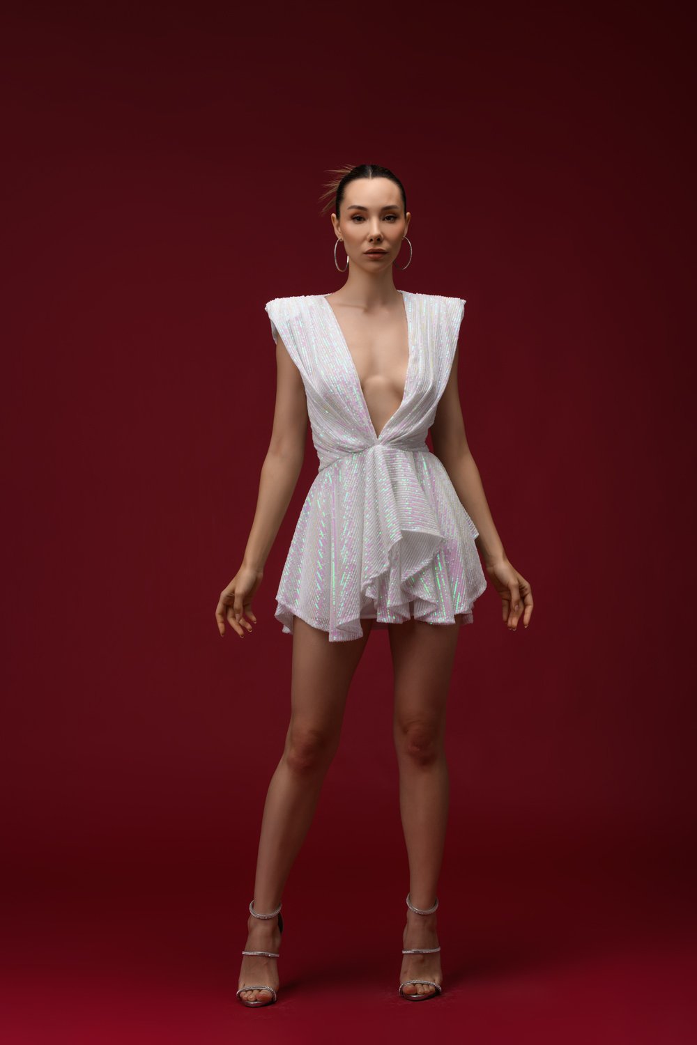 Gira Official-Beyaz Payetli Kolsuz Mini Elbise-Elbise-4-Milagron.com